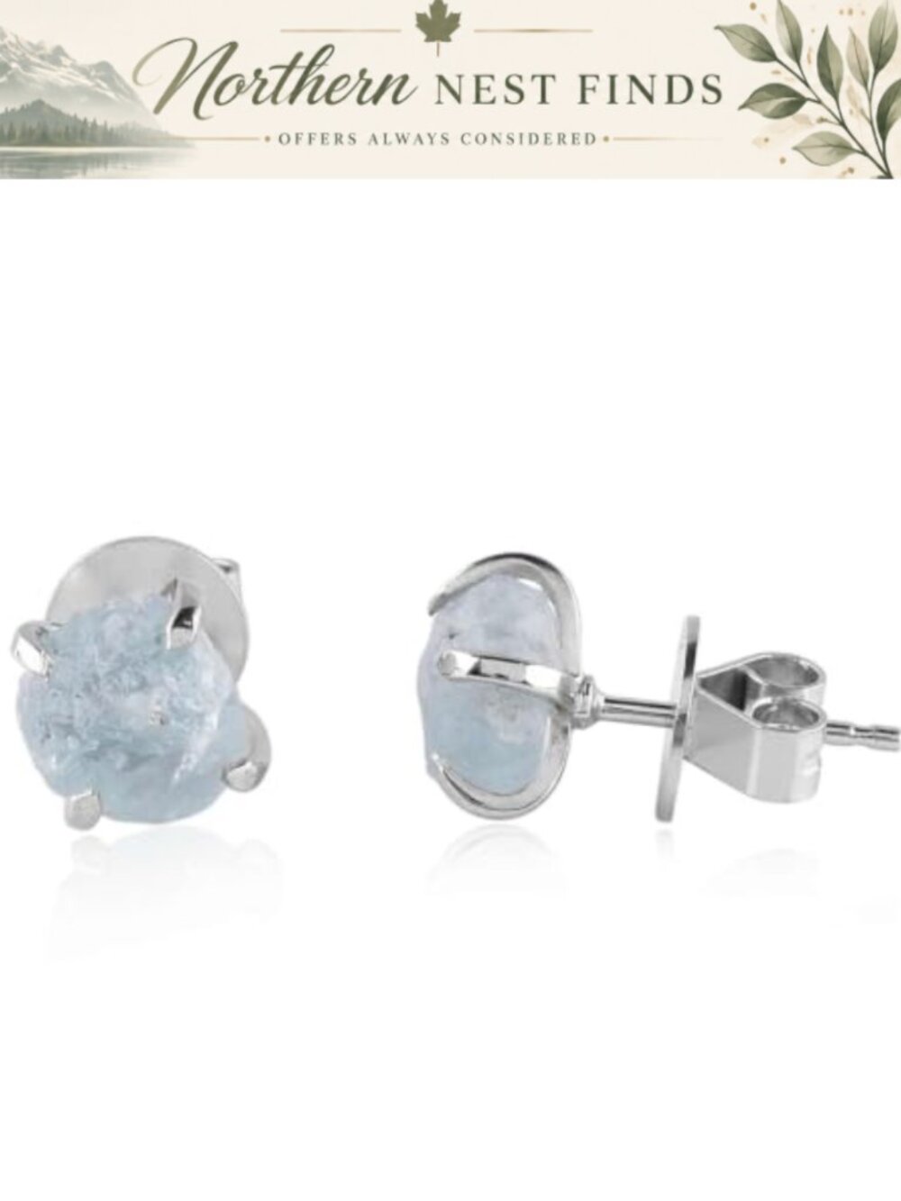 Raw Aquamarine Gemstone Stud Earrings 925 Sterling Silver Rhodium Plated Push